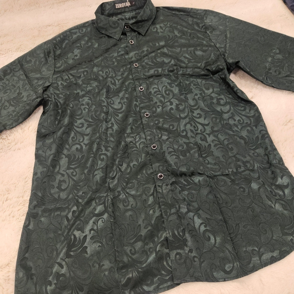 Zeroyaa Dark Green Patterned Button Down Satin Shirt